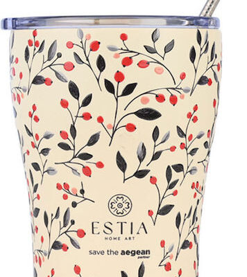 Estia Coffee Mug Save The Aegean Ανακυκλώσιμο Ποτήρι Θερμός Ανοξείδωτο BPA Free 350ml Bloom Beige με Καλαμάκι