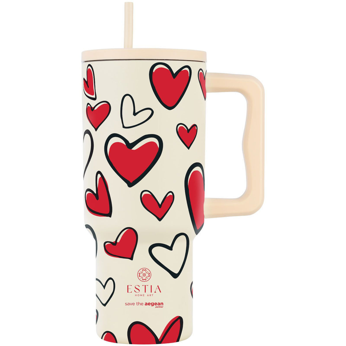 Estia Straw Tumbler XL Save the Aegean Ανακυκλώσιμο Handled Tumbler Θερμός Ανοξείδωτο BPA Free 900ml Red Valentine με Καλαμάκι και Λαβή - Image 1