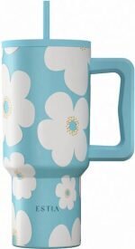 Estia Save Aegean Ανακυκλώσιμο Handled Tumbler Θερμός Ανοξείδωτο BPA Free 900ml BLUE DAISY με Καλαμάκι και Λαβή