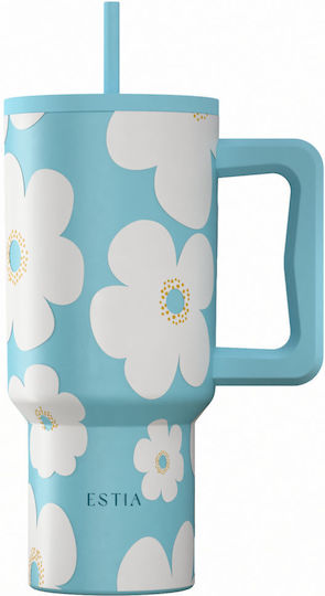 Estia Save Aegean Ανακυκλώσιμο Handled Tumbler Θερμός Ανοξείδωτο BPA Free 900ml BLUE DAISY με Καλαμάκι και Λαβή - Image 1