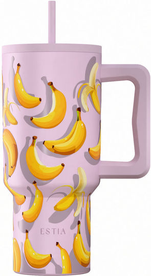 Estia Save Aegean Ανακυκλώσιμο Handled Tumbler Θερμός Ανοξείδωτο BPA Free 900ml BANANA MOOD με Καλαμάκι και Λαβή