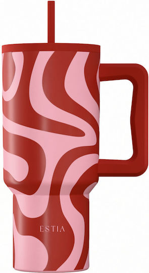 Estia Ανακυκλώσιμο Handled Tumbler Θερμός Ανοξείδωτο BPA Free 900ml CORAL WAVES με Καλαμάκι και Λαβή