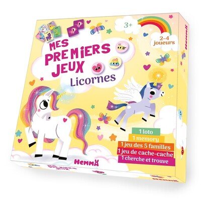 Mes premiers jeux - Licornes - 1 loto, 1 memory, 1 jeu des 5 familles, 1 jeu de cache-cache, 1 cherche et trouve